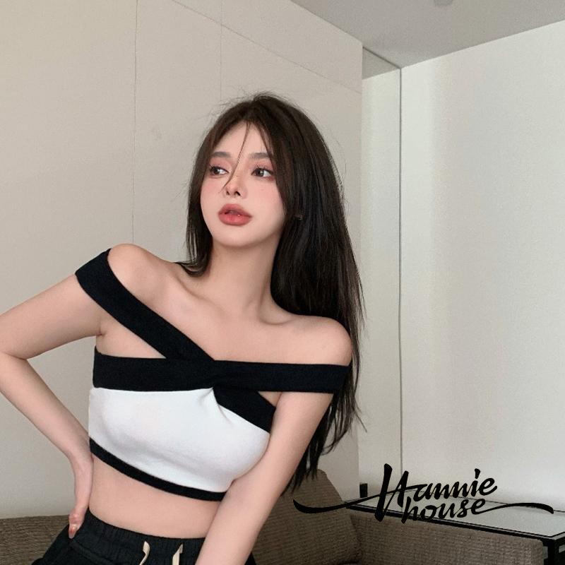 Hannie-Summer Women Black White Color Matching Cross Hanging Neck Off Shoulder Tank Top