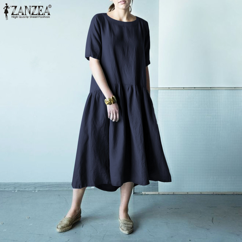 ZANZEA Women's Casual Loose Solid Round Neck Sleeves Split A-Line Dress | BigBuy360 - bigbuy360.vn
