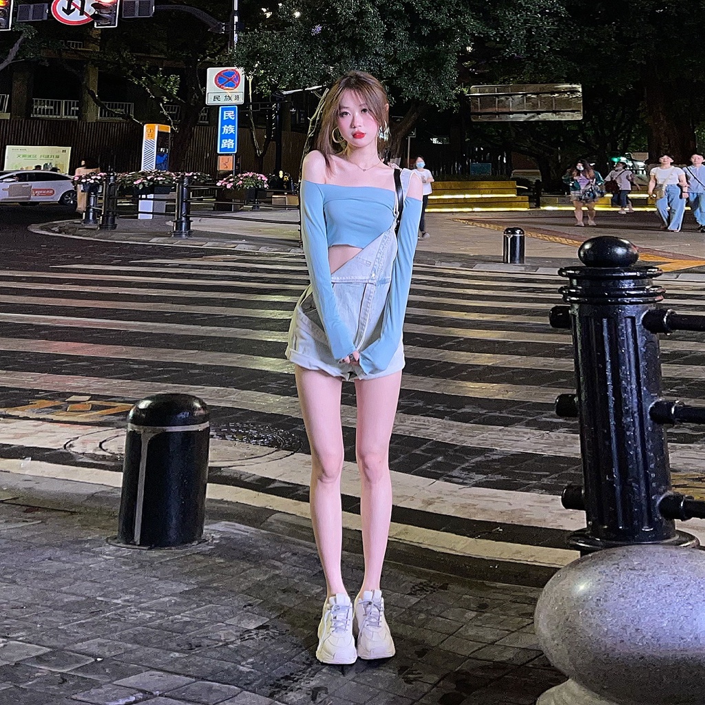 SET ÁO TRỄ VAI NỮ DÀI TAY + QUẦN YẾM SHORT JEAN TÔN DÁNG NỮ ULZZANG
