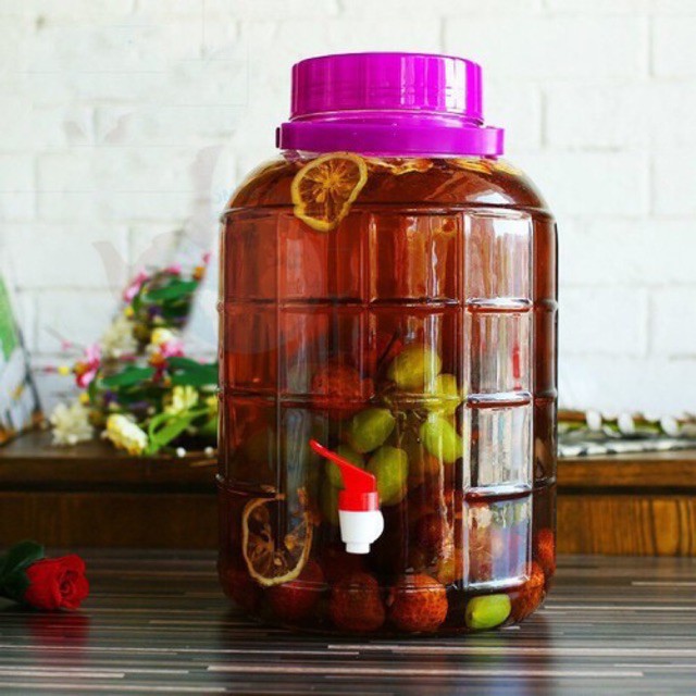 Bình thủy tinh quai xách nắp tím 16l, 20l có vòi để đưng, ngâm các loại hoa quả, thuốc, .......