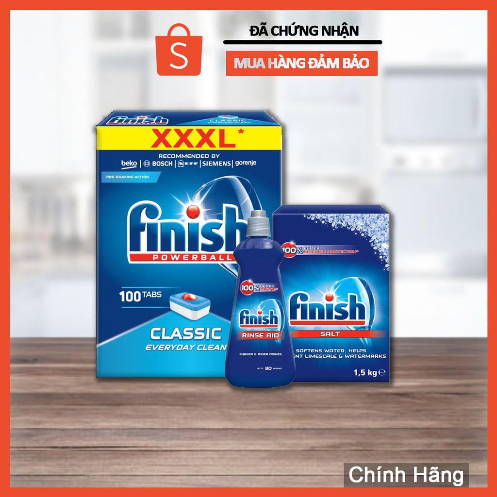 Combo Viên rửa bát Finish classic 100V + Muối Finish 1.5kg + Nước làm bóng Finish 400ml