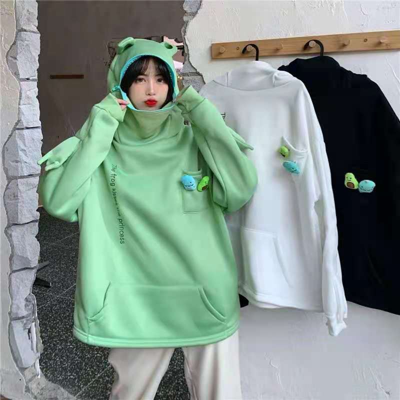 Áo Hoodie Dáng Rộng Có Túi Áo Thêu Hình Con Ếch Độc Đáo Size M-3XL | BigBuy360 - bigbuy360.vn