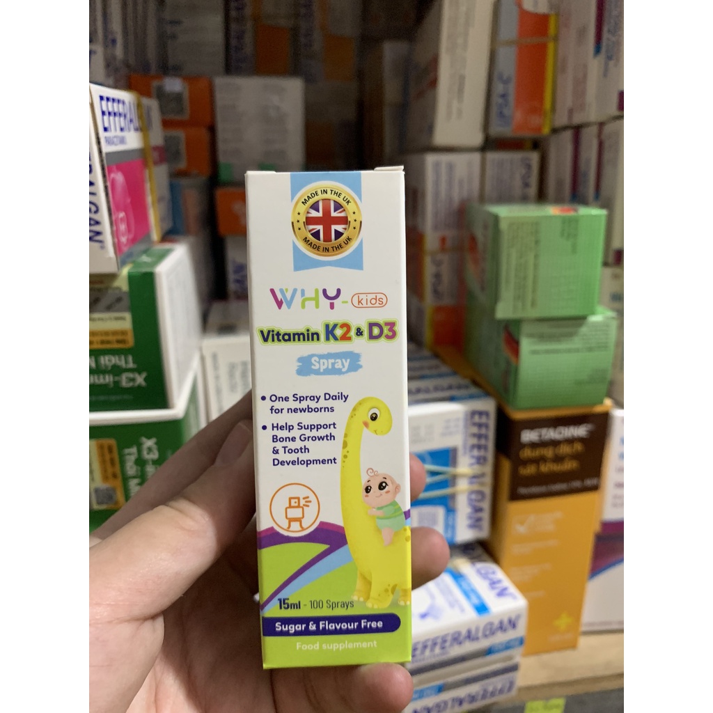 Chai xịt Why kids vitamin d3k2 bổ sung Vitamin D3 K2 cho bé, tăng cường hấp thu Canxi hỗ trợ phát triển chiều cao 15ml