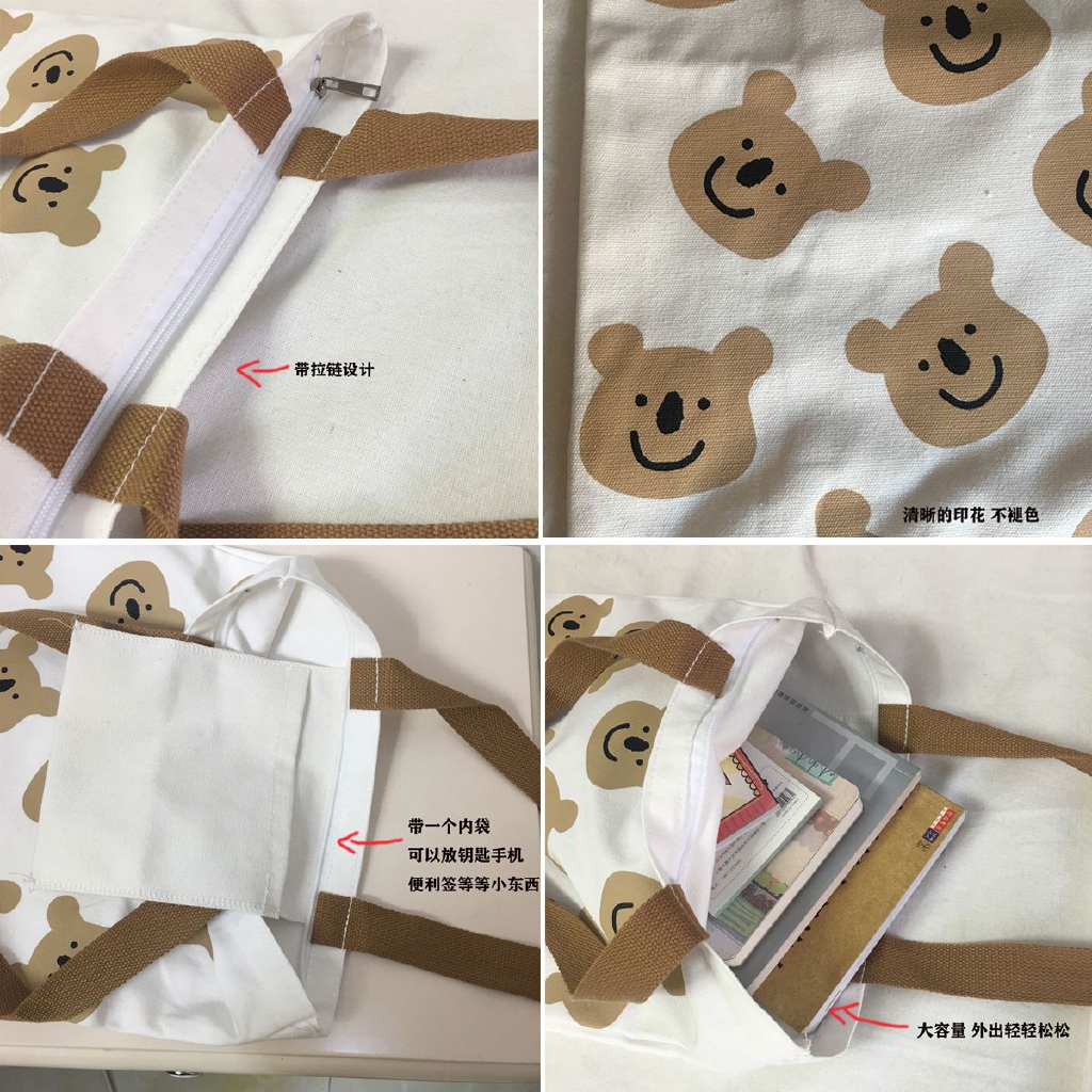 Túi Xách Vải Canvas In Hoạ Tiết Gấu Hoạt Hình Dễ Thương Xinh Xắn 22010