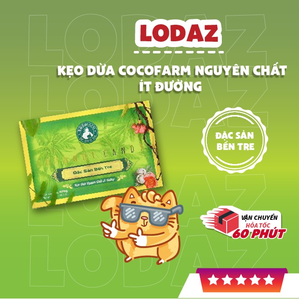 Kẹo dừa Cocofarm nguyên chất hương vị lá dứa, sầu riêng ít đường hộp 400gr