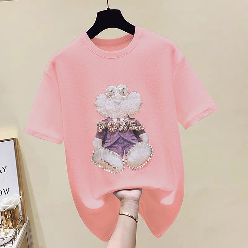 Cotton short-sleeved t-shirt women's foreign style 2022 summer new Korean version loose beaded diamond fashion top trendy ins