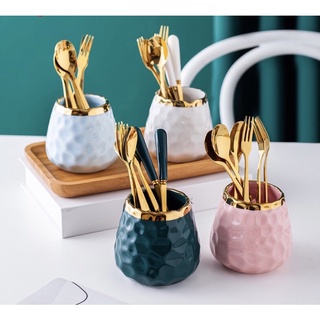 Lọ sứ đựng muỗng nĩa, thìa dĩa cán sứ V1 viền mạ màu vàng cao cấp