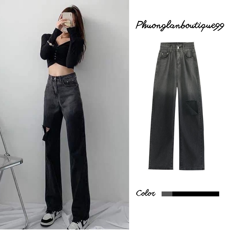 Quần jean  Quần bò loang ống rộng unisex màu đen khói dài ống đứng style Ulzzang dành cho nữ PHULA