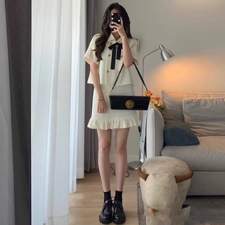 Set linen dạ cổ nơ mix chân váy