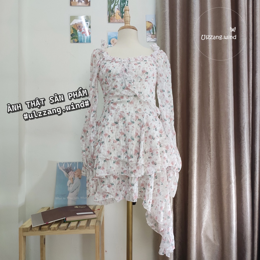 Đầm floral công chúa dài tay đuôi cá tầng bèo ngực Korea ulzzang - u.w