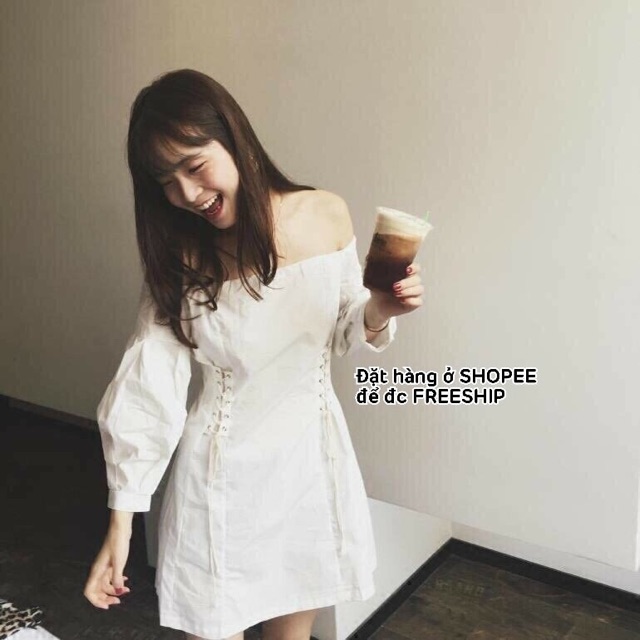 ĐẦM BẸT VAI TRẮNG ĐAN DÂY EO