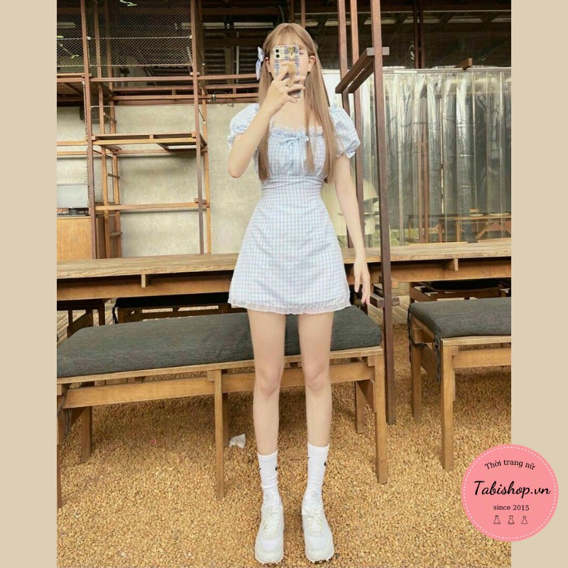 Đầm trễ vai nữ caro xanh TABISHOP Váy tiểu thư phối ren phong cách ulzzang dự tiệc đi chơi xinh xắn