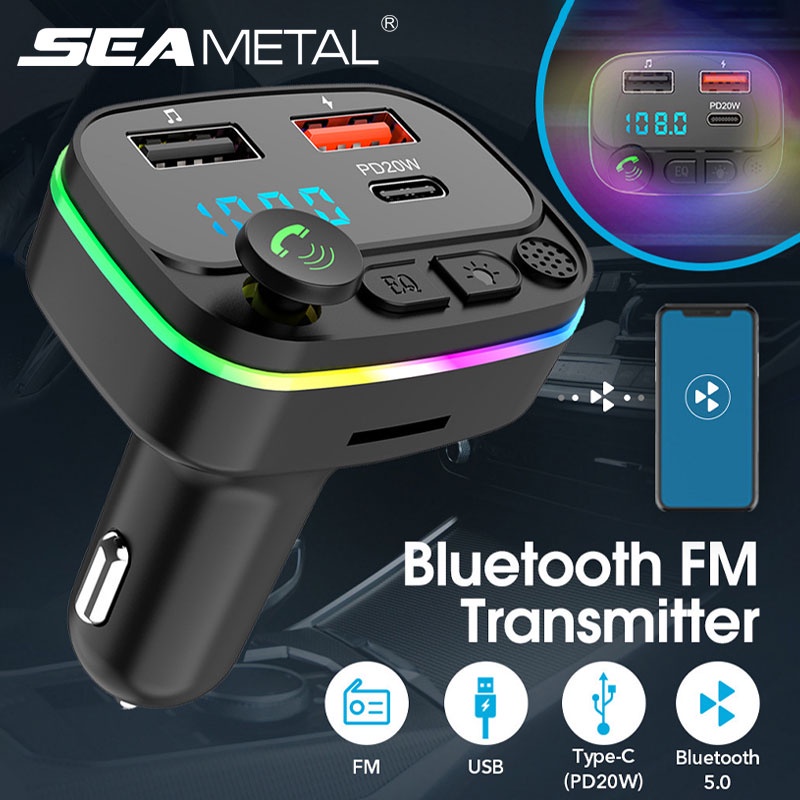 Tẩu Sạc Hai Cổng USB Bluetooth 5.0 Mp3 PD 20W Type C Có Đèn RGB Cho Xe Hơi SEAMETAL QC3.0