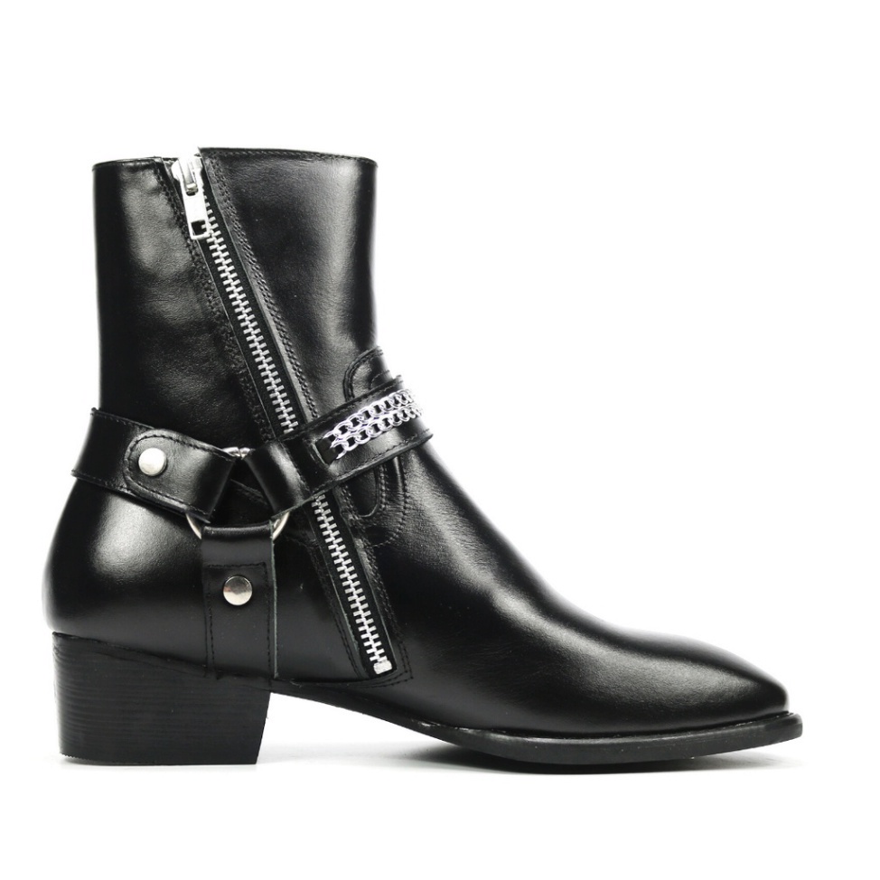 Harness boots thời trang nam da bò nguyên tấm đế gỗ tăng chiều cao 4.5cm