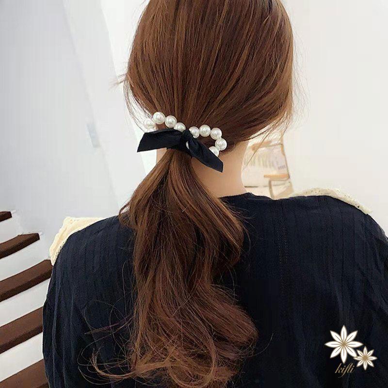 Dây Cột Tóc Cao Su Co Giãn Hình Nơ Đính Ngọc Trai Xinh Xắn