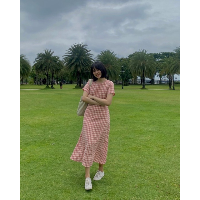 CHIE - Đầm caro cotton dáng dài chiết eo - osu