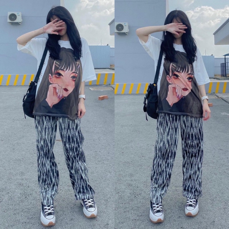 Set Bộ Quần LongPant 3D Sọc Hoạ Tiết Áo Thun Tay Lở Cô Gái Ảnh Thật