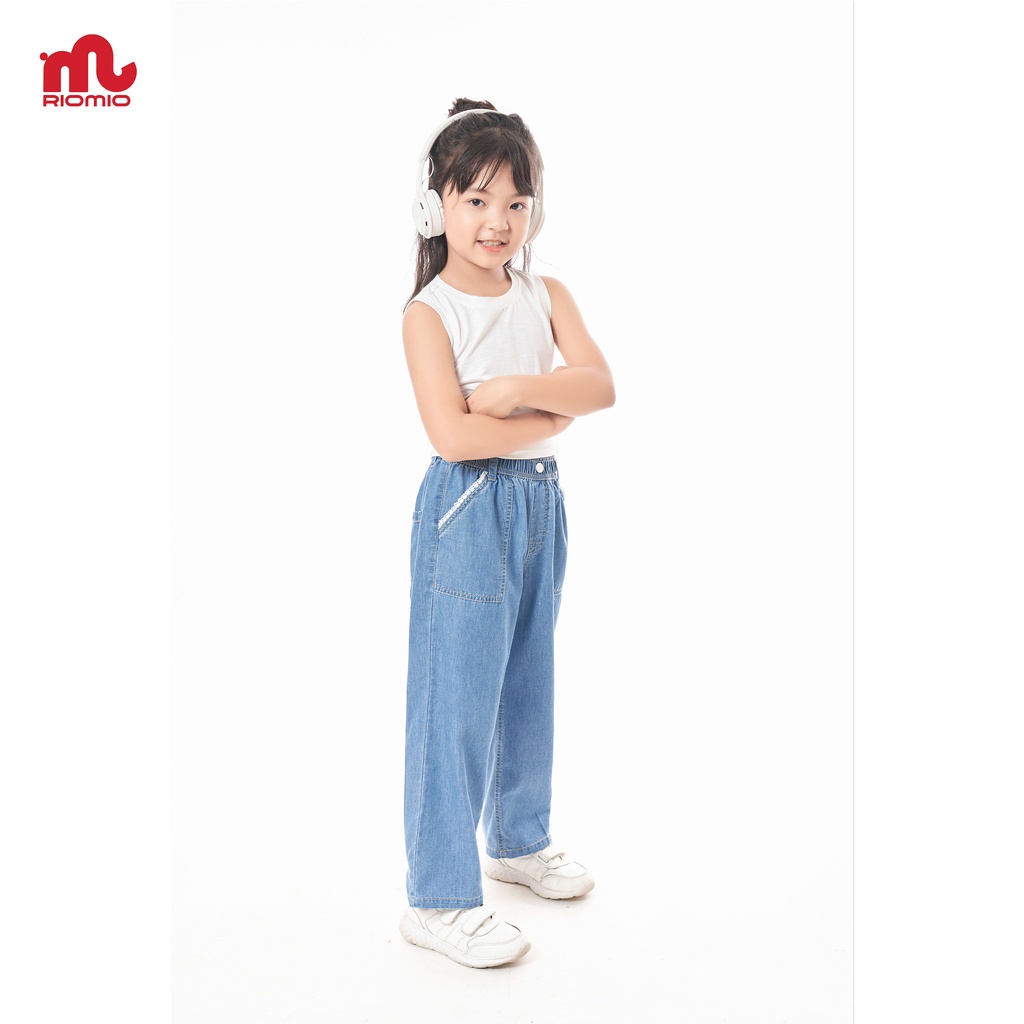 Quần jean cho bé gái 5-12 tuổi (20-50kg) ống rộng RIOMIO phối ren túi 100% cotton USA cao cấp - RO231