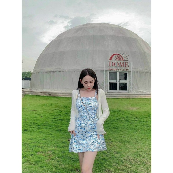 ❤ SET ĐẦM 2S HOA XANH RÚT DÂY  KÈM KHOÁC CROP TRẮNG NGOÀI