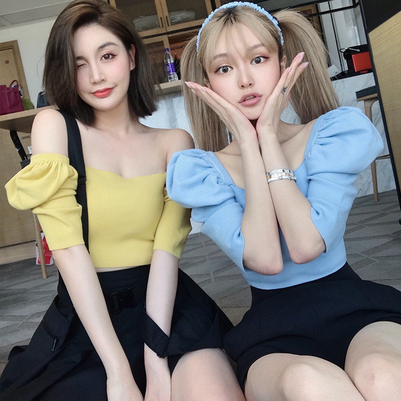 [Mã WASKT410K giảm 10K đơn 50K] Áo Croptop cổ vuông [Freeship - Hottren] Áo trễ vai tay bồng chất thun tăm siêu mát