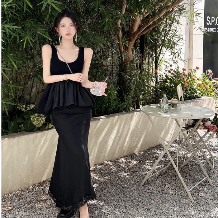 Set Áo Hai Dây Cổ Chữ U + Chân Váy Đuôi Cá Phối Ren Thời Trang Nữ