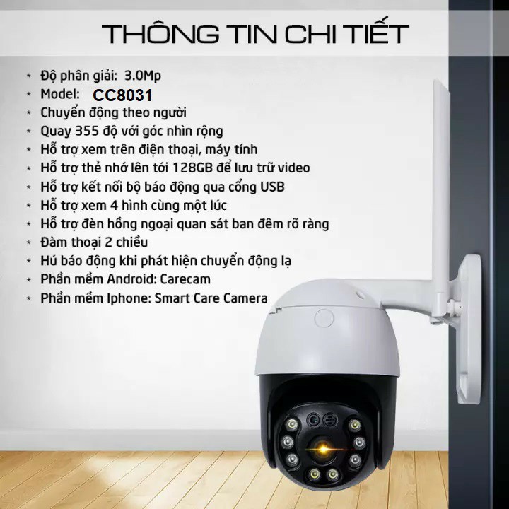 Camera ngoài trời Carecam wifi CC8031 xoay 360 độ phân giải 3.0Mpx hình ảnh Full HD sắc nét kèm thẻ nhớ tùy chọn