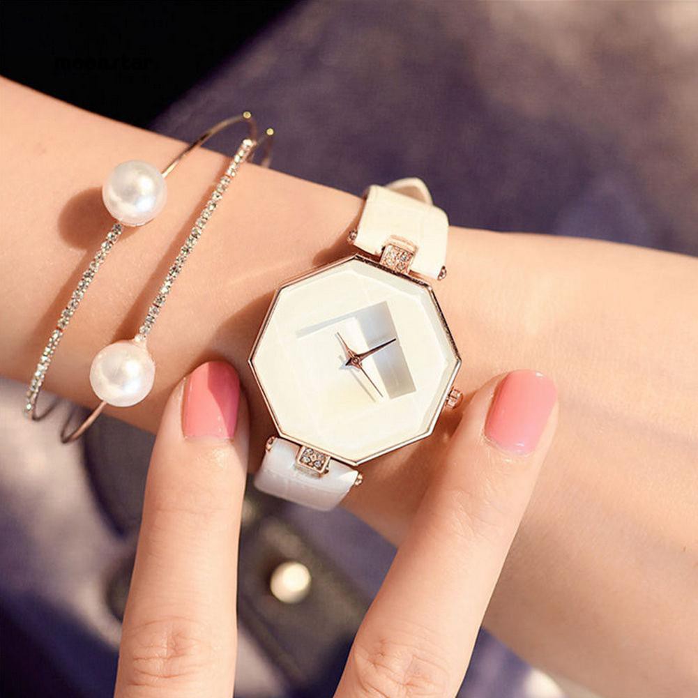 Đồng hồ quartz mặt đính đá với dây đeo bằng da nhân tạo thời trang cho nữ