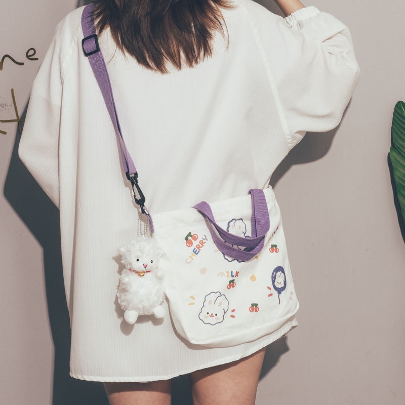 Túi tote đeo chéo vải canvas in hình gấu thỏ đáng yêu phong cách Hàn Quốc