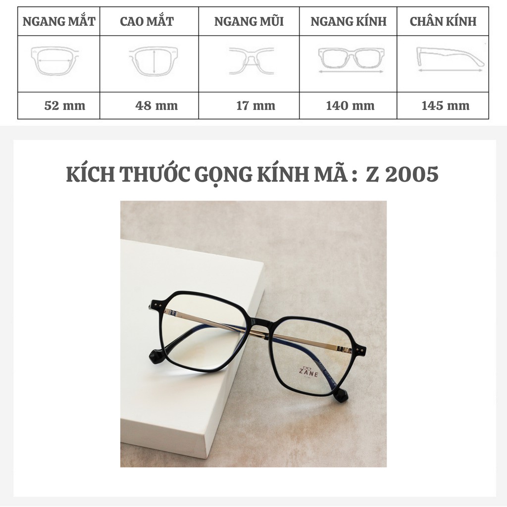 Gọng kính cận nam nữ lắp cận sẵn chất liệu nhựa dẻo mắt kính vuông ZB2005 - Eyepro