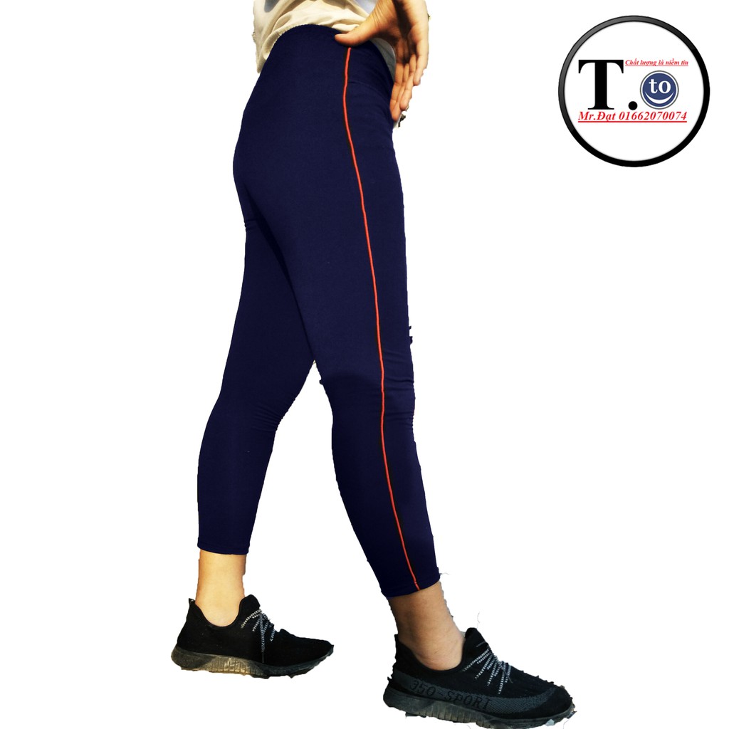 Quần thun nữ - legging màu XANH ĐEN 5 VIỀN (Ôm body, quần màu xanh đen viền sọc màu Đỏ - trắng - cam - xanh - hông)