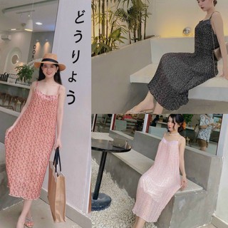 Đầm hai dây dập ly voan hoa nhí + Ảnh thật mẫu mặc