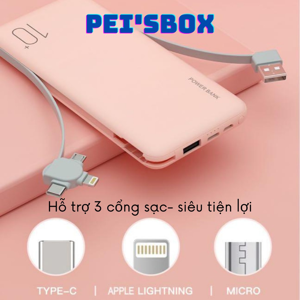 Sạc Dự Phòng 10000mAh P317 đi kèm với cáp sạc hỗ trợ sạc nhiều thiết bị cùng lúc