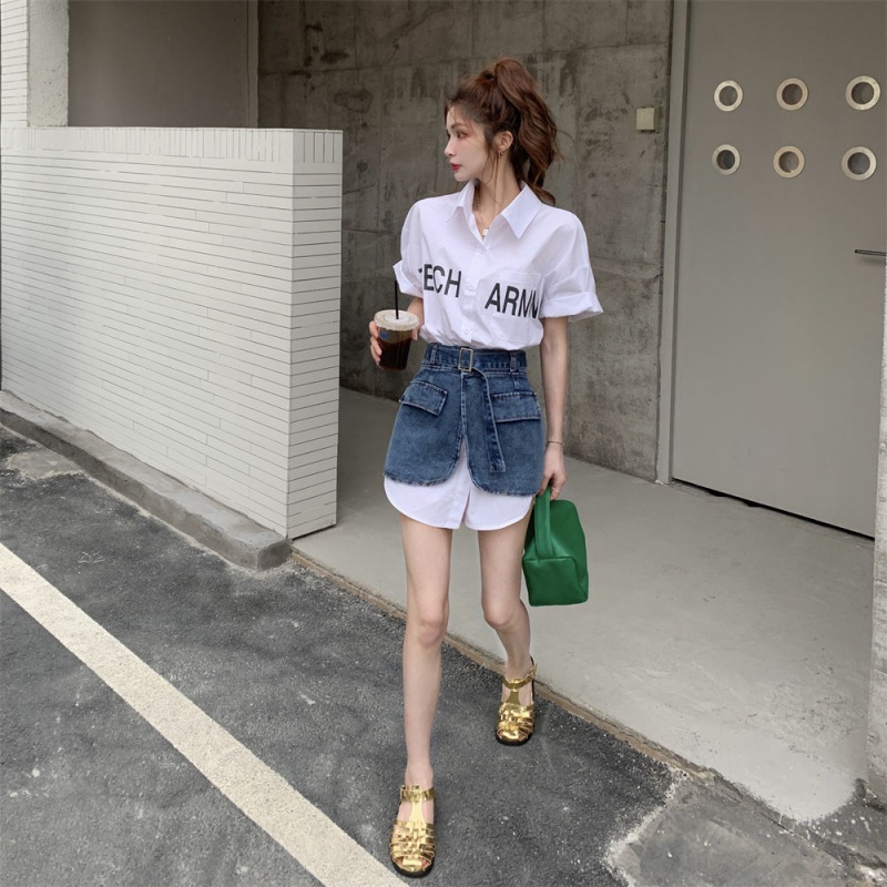 Set váy chân váy jean Set Áo Sơ Mi Dáng Rộng In Chữ + Chân Váy Denim Thời Trang Mùa Hè 2022 Dành Cho Nữ