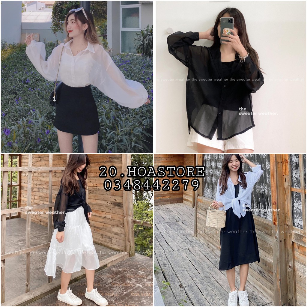 (VNXK RẺ) SET ÁO SƠ MI VOAN TAY BỒNG MIX ÁO 2 DÂY ĐEN TRẮNG HOT