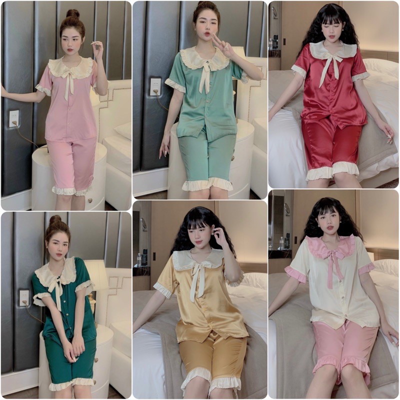 [HOT] Đồ Ngủ🌸Bộ Đồ Pijama Lụa Tiểu Thư Áo Cộc-Quần Lửng Cổ Nơ Dễ Thương