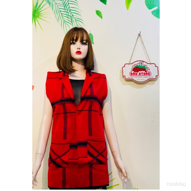 Áo khoác len ghi lê- form dài- cổ vest- màu đỏ