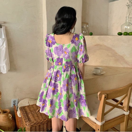 Đầm Chữ A Cổ Vuông Tay Phồng Dáng Rộng In Họa Tiết Kiểu Retro Pháp Thời Trang Mùa Hè Mới 2021