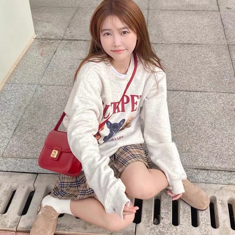 SUXI Áo Nỉ Dài Tay Cổ Tròn Màu Trơn In Chữ Thời Trang Cho Nữ