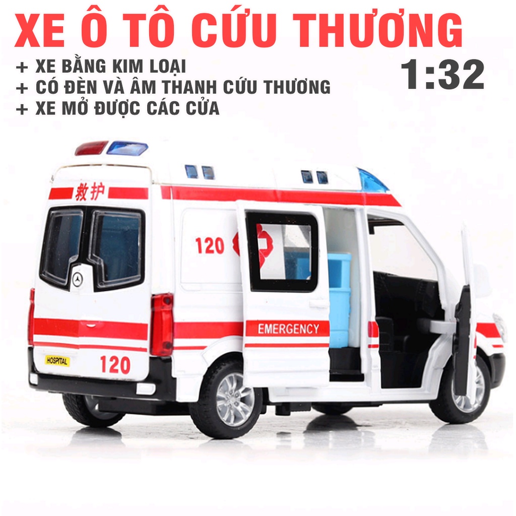 Đồ chơi mô hình xe cứu thương bằng sắt xe ô tô cho trẻ em có âm thanh và đèn nháy mở các cửa xe