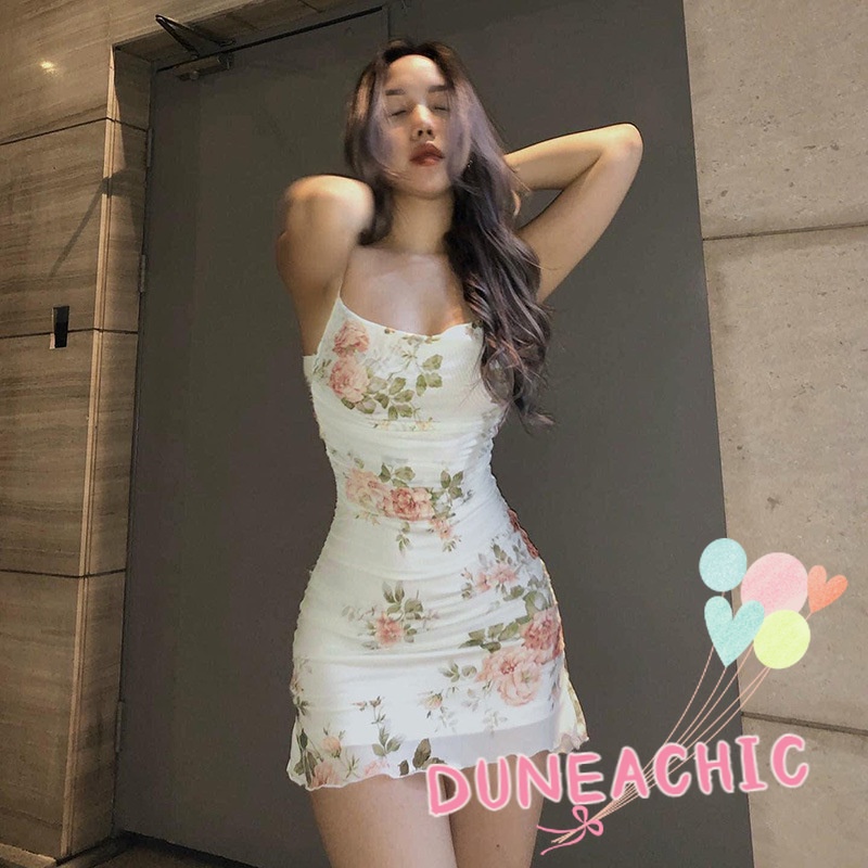 DUNEA Đầm hai dây ôm dáng phối lưới họa tiết hoa thời trang quyến rũ dành cho nữ