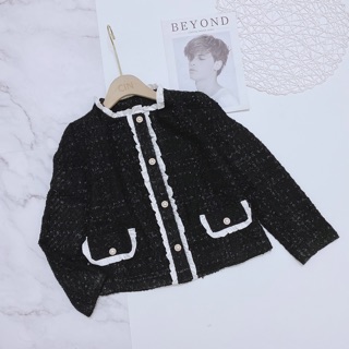 Áo dạ tweed đen phối viền trắng