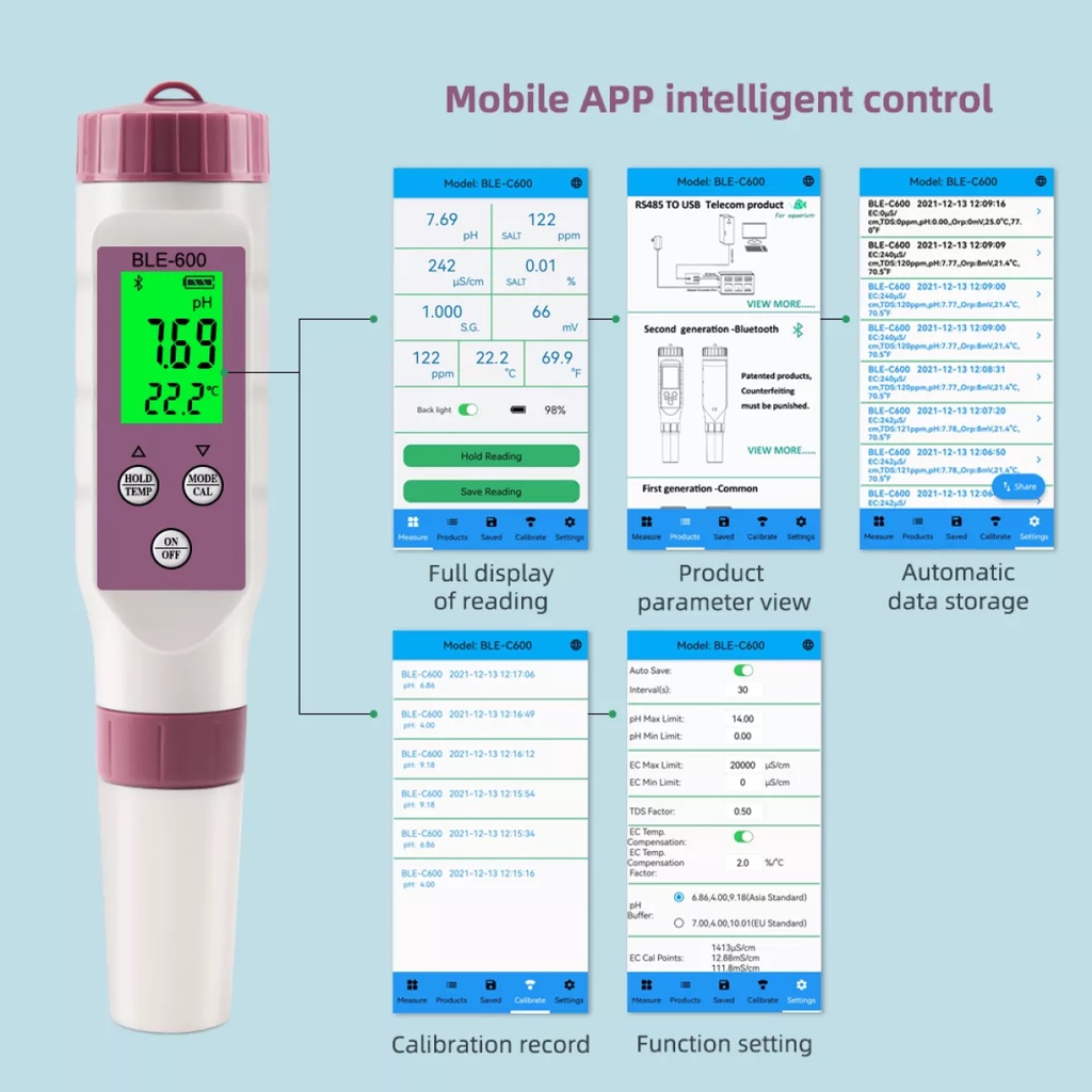 Bút đo pH, EC/TDS/độ mặn/SG/ORP/nhiệt độ, máy kiểm tra chất lượng nước, kỹ thuật số 7 trong 1, kết nối Bluetooth