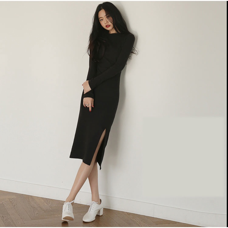 ? Đầm Body Đen Nữ Dài Tay Xẻ Tà Chất Borip Gân Co Dãn | BigBuy360 - bigbuy360.vn