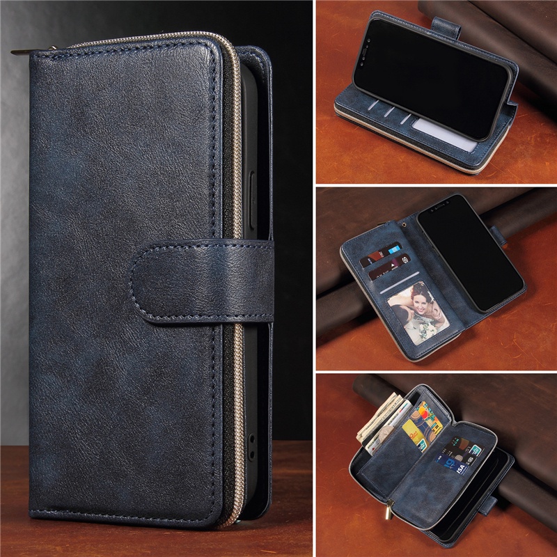 Ốp Điện Thoại Da Kèm Ngăn Đựng Thẻ Có Khóa Kéo Cho Iphone 14 13 12 Mini 11 Pro Max Plus