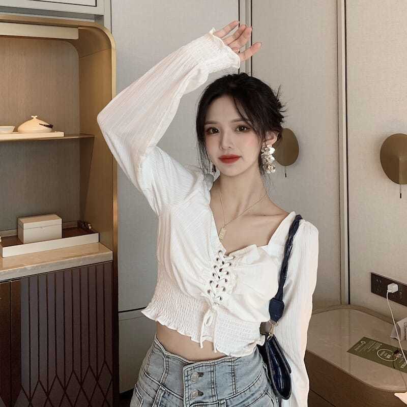 COZOK Áo Kiểu Tay Phồng Ngắn Cổ Vuông Hở Lưng Thắt Nơ Phong Cách Retro Quyến Rũ