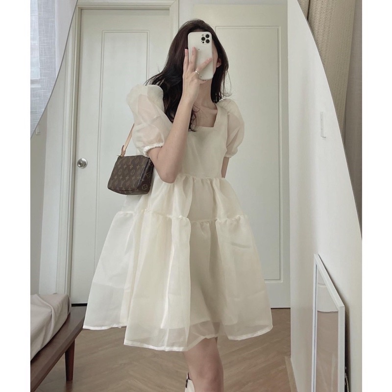 Váy Babydoll Tiểu Thư Tay Phồng 2 Lớp Cổ Vuông 3 Tầng Phong Cách Trẻ Trung Nữ Tính- Đầm Nữ  Dáng Xoè