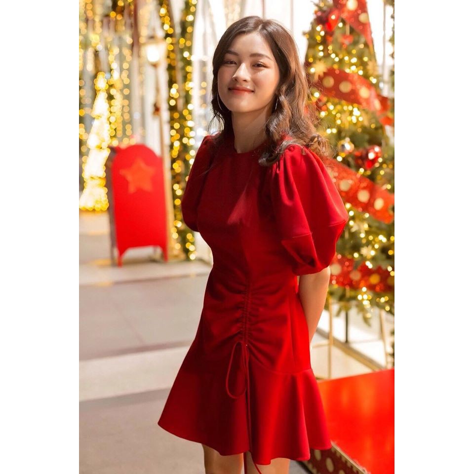 Đầm Đỏ Tay Phồng Dây Rút Dịu Dàng Noel
