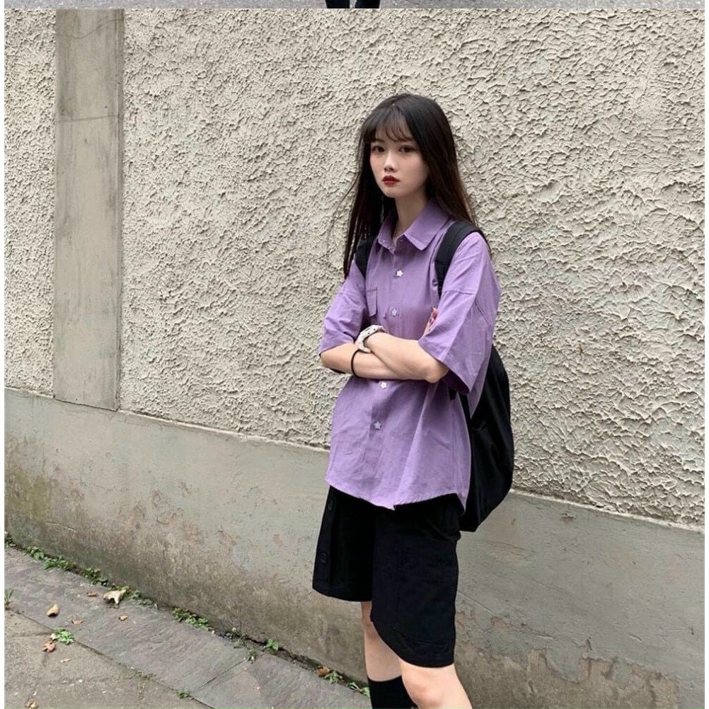 Áo Sơ Mi 1 Túi Màu Tím Phối Đồ Cực Xinh Xắn