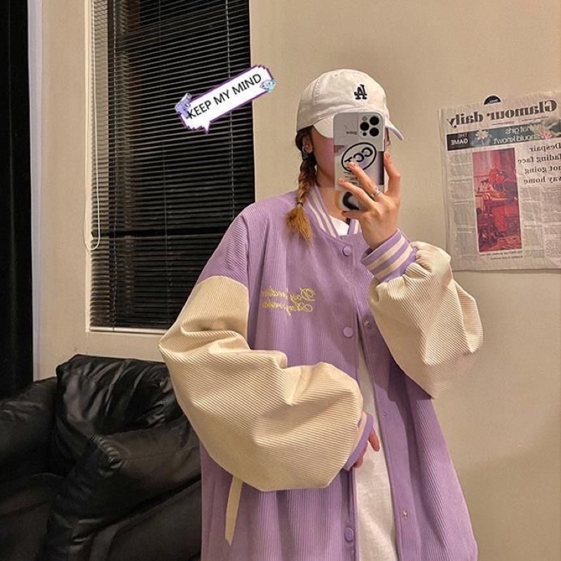 Áo khoác bomber gân, áo khoác nỉ lót bông mùa đông, áo khoác couple tím pastel cute