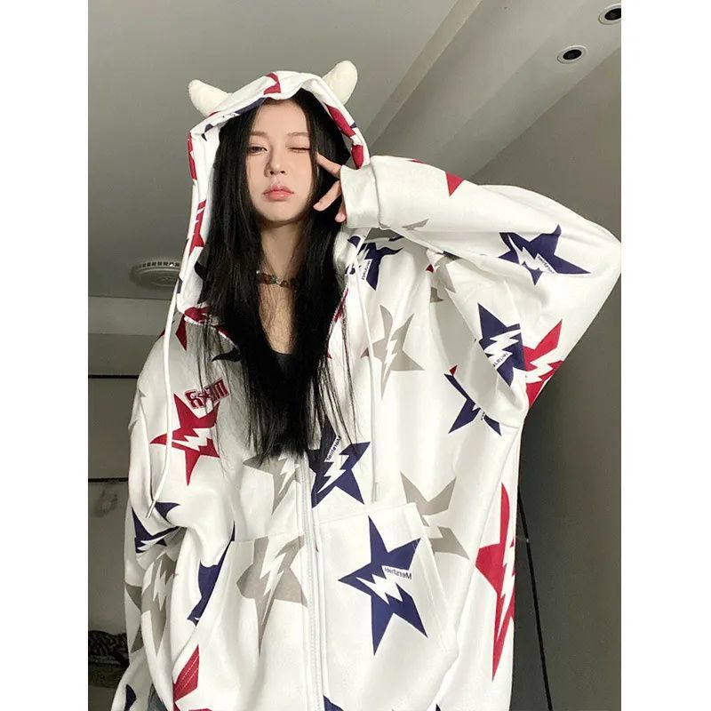 Áo Khoác Cardigan Có Mũ Trùm Đầu Hình Ngôi Sao Phong Cách Hip Hop Retro Mỹ Thiết Kế Niche
